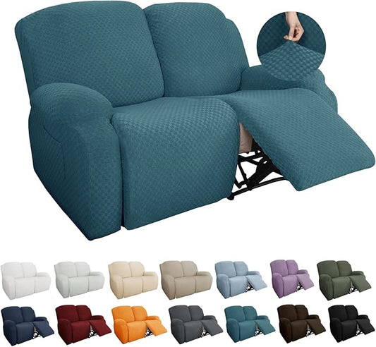 YEMYHOM 6 Pieces Stretch Loveseat Recliner Slipcover Jacquard Recliner Sofa Cover with Side Pocket Fitted Recliner Cover Couch Furniture Protector with Elastic Bottom (Medium, Peacock Blue)