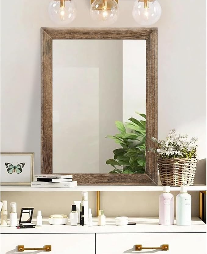 AAZZKANG Rustic Wood Mirror Rectangle Decorative Wall Mirrors with Frame Large 28"x20"for Bedroom Living Room Bathroom Entryway Hanging Brown