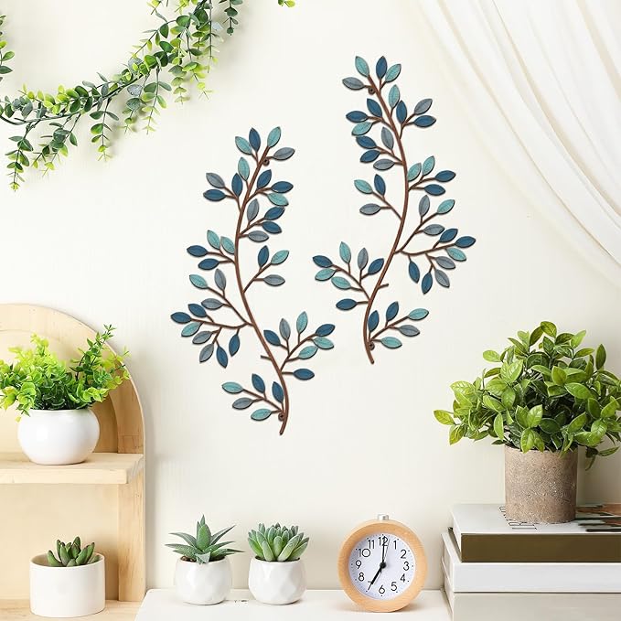 Hotop 2 Pieces Metal Tree Leaf Wall Decor Vine Olive Branch Leaf Wall Art Wrought Iron Scroll Sculptures Above the Bed, Living Room, Outdoor Decoration(Classic Style,Blue)