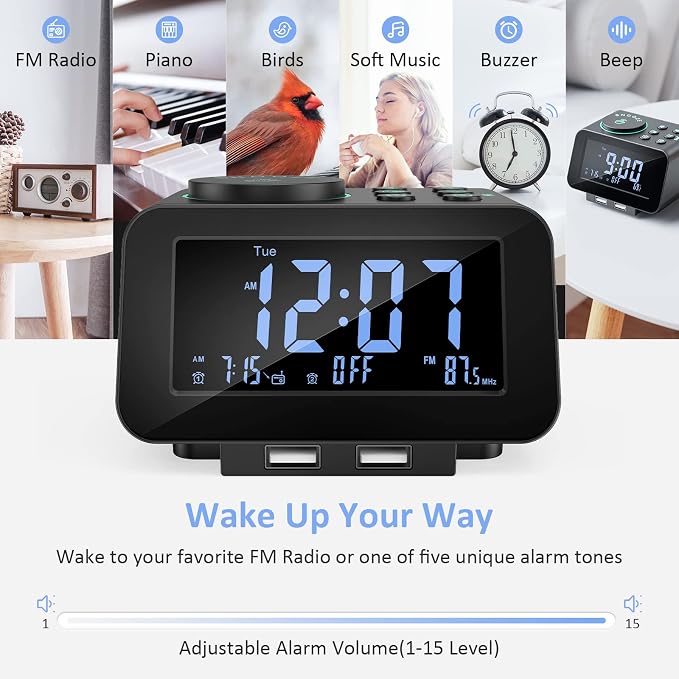 uscce Digital Dual Alarm Clock Radio for Bedrooms with 0-100% Dimmer | FM Radio with Weekday/Weekend Mode & 2 USB Charging Port & 6 Sound Adjustable Volume & Sleep Timer Temperature Battery Backup - Image 6