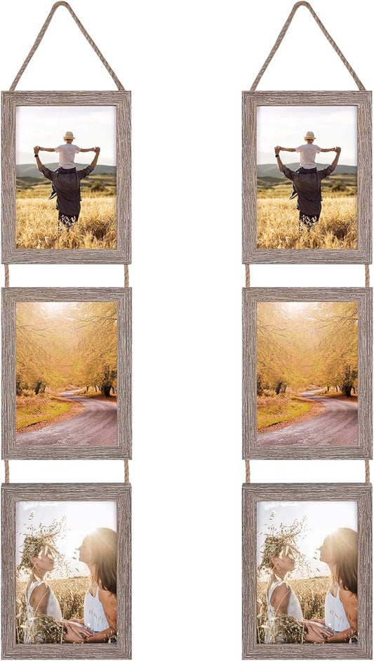Lavezee 5x7 Collage Hanging Triple Picture Frames Set, Rustic 6 Opening Vertical Frame Made to Display 5 by 7 Inch Photo Postcard for Wall Decor