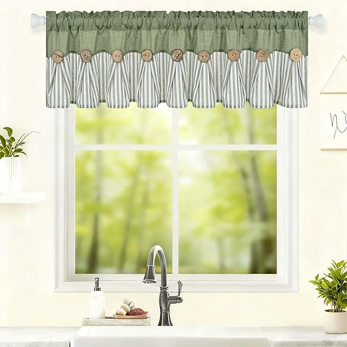 ASPMIZ Farmhouse Cotton Linen Valances for Windows, Boho Kitchen Curtains Valances with Rustic Button, Green Striped Window Treatments Curtain Valance for Bathroom Cafe, 60 x 14 Inch, 1 Pannel