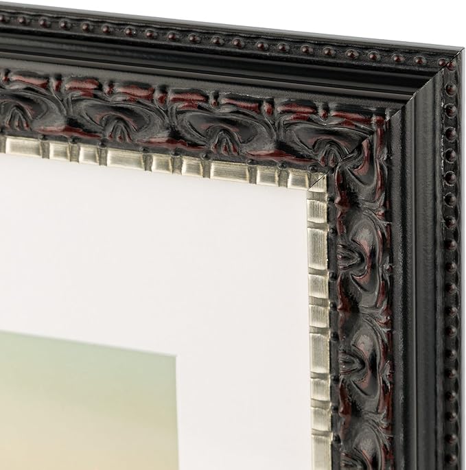 Golden State Art, 13X19 Ornate Finish Photo Frame with White Mat for 11X17 Picture & Real Glass, Color: Black with Silver & Burgundy