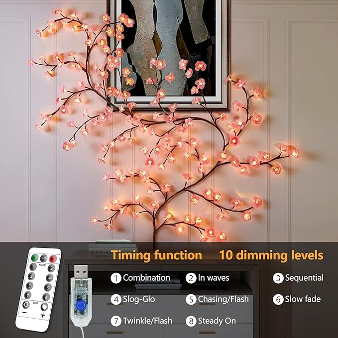 FNHMSL Cherry Enchanted Willow Vine Lights, 6FT 96LED Pink Cherry Blossom Tree Branch Lights for Wall, Remote Timer,8 Light Model,Bedroom Wall Doors Wedding, Christmas, USB Battery Box