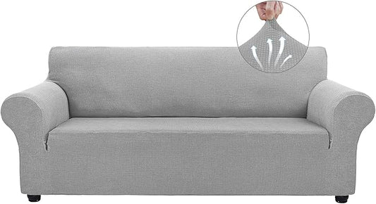 Asnomy Couch Covers for 3 Cushion Couch Stretch Sofa Covers Slipcovers, Pet Protector Furniture Covers for Dogs Cats Spandex Jacquard Fabric Small Checks（X-Large，Silver）