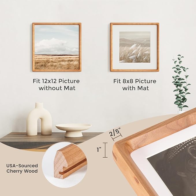 12x12 Frame, USA-Sourced Cherry Wood Photo Frames with HD Tempered Glass, Handcrafted Rounded Corner Square Wooden Frames Matted to 8x8 Photos, 12x12 Picture Frame, Tabletop or Wall Display