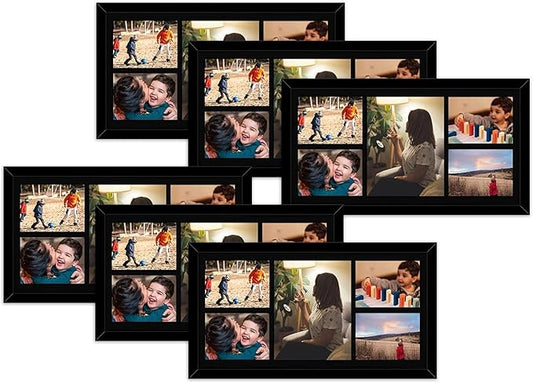 Golden State Art, Set of 6, 12x24 Black Wood Picture Frame - Black Mat for 8x10 And 5x7 Photos - Tempered Glass, Sawtooth Hanger, Swivel Tabs - Wall Mounting - Great for Gift