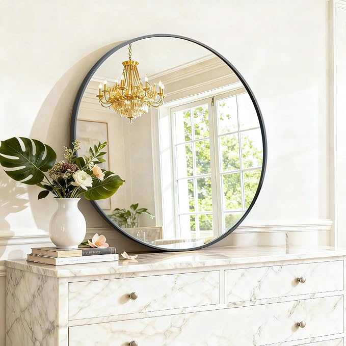 Round Wall Mirror 20 Inch Black Vanity Mirror with Metal Frame, Modern Circle for Bathroom, Entryway, Bedroom, Living Room, Wall Mounted Decorative Mirrors