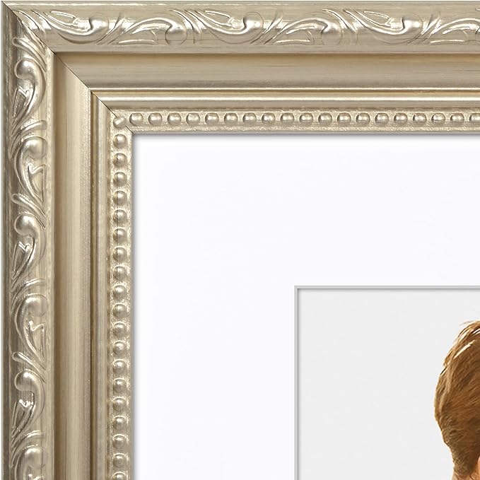 Americanflat 8x10 Picture Frame with Shatter-Resistant Glass - Use as 5x7 Frame with Mat or Display 8x10 Photo Without Mat - Ornate Picture Frames for Wall and Tabletop Display - Silver