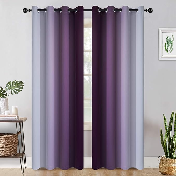 COSVIYA Grommet Ombre Room Darkening Curtains 96 inch Long, Purple and Grayish White Gradient Drapes Light Blocking Insulated Thermal Window Curtains for Bedroom/Living Room,2 Panels,52x96 inches