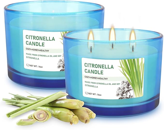 2x14oz Large 3-Wick Outdoor Indoor Citronella Candles, Long Lasting to 30 Hours, Scented Natural Soy Candle