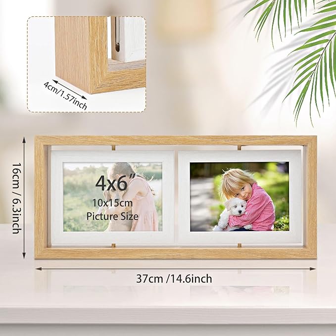 ZEEYUAN 4x6 Desk Picture Frame Rotating 4x6 Floating Photo Frame Wooden Double Side Frame Tabletop for Office Home Decor