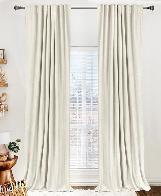 100% Blackout Shield Linen Blackout Curtains for Bedroom 45 Inches Long, Back Tab/Rod Pocket Living Room Drapes, Thermal Insulated Blackout Curtains 2 Panels Set, 42" W x 45" L, Cream Linen
