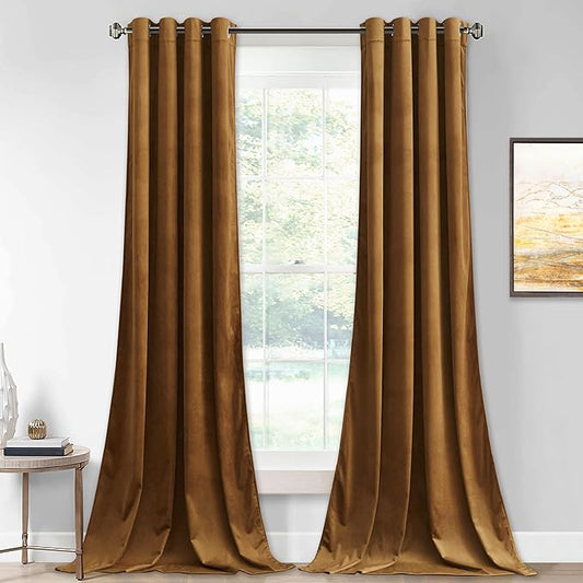 StangH Gold Brown Velvet Curtains 108 inches Long for Living Room, Grommet Thermal Insulated Light Blocking Room Divider Curtains Privacy Window Covering for Bedroom, W52 x L108, 2 Panels