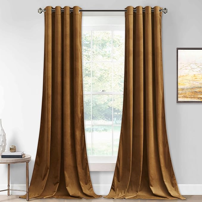 StangH Brown Gold Velvet Curtains 96 inches Long for Living Room, Light Blocking Thermal Insulated Bedroom Window Covering for Sliding Door/Home Office/Theater, W52 x L96, 2 Panels