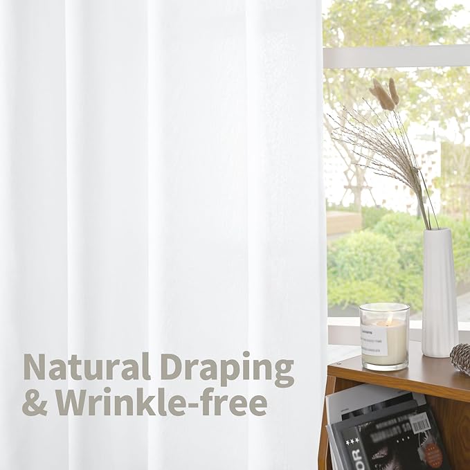 YoungsTex White Linen Curtains 68 Inch Length for Living Room, Light Filtering Semi Sheer Window Drapes with Bronze Grommet Privacy for Bedroom, 52 x 68 Inch, 2 Panels