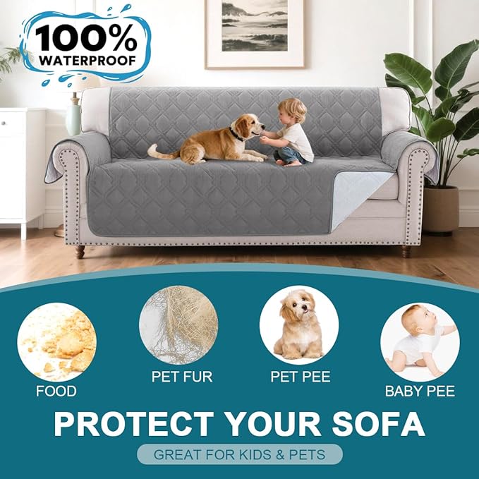 Turquoize 100% Waterproof Sofa Covers Couch Cover for 3 Cushion Couch Triple Non-Slip Sofa Slipcover Washable Furniture Protector for Pets, Kids, Dog (XL Sofa 78", Light Gray)