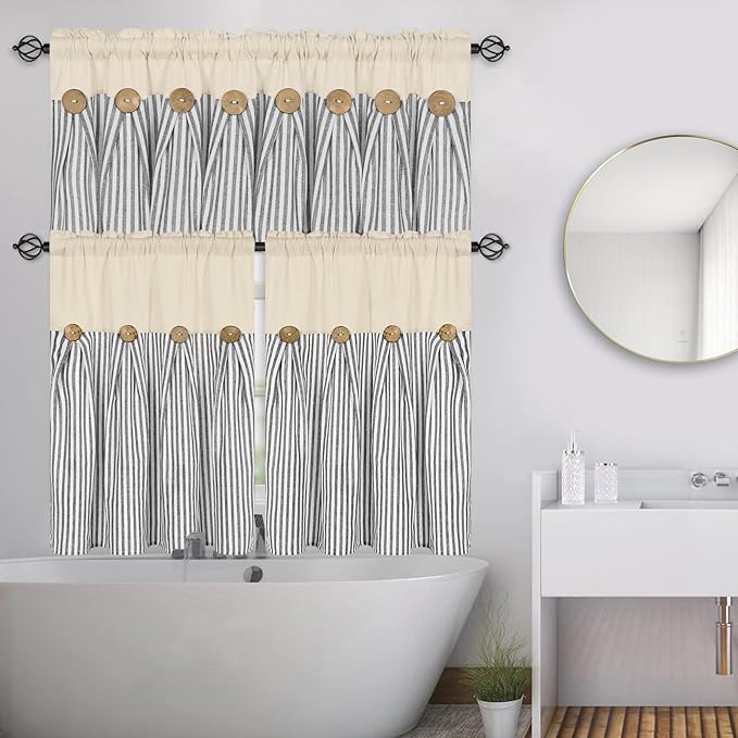 ASPMIZ Cotton Linen Farmhouse Kitchen Curtains, Grey Stripe Tier Curtains 36 Inch Lenth, Boho Rustic Button Short Rod Pocket Curtain for Small Window, Half Window Curtain for Kitchen Cafe, 2 Panels