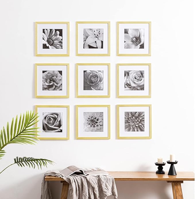 eletecpro 12x12 Picture Frames Set of 9 with Clear Acrylic Cover, Display 8x8 Photos with Mat or 12x12 Without, Classic and Sturdy Square Collage Gallery Wall Decor, Easy Wall Mount, Gold