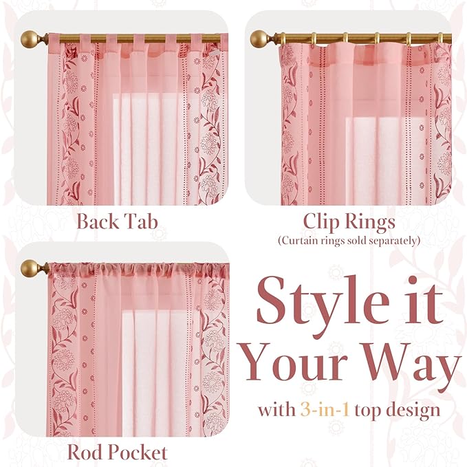 jinchan Winslow Pink Sheer Curtains 84 Inch for Bedroom Living Room Embroidered Bordered Floral Nursery Curtains for Girls Room Dorm Light Filtering, 2 Panels, 50W x 84L