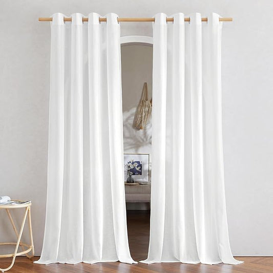 NICETOWN Thick Linen White Curtains 90 inch Length, Grommet Flax Linen Blend Window Treatments Privacy with Light Filtering Drapes for Bedroom/Living Room, W55 x L90, 2 Panels