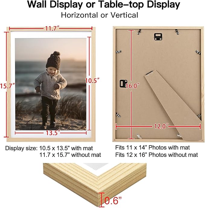 KINLINK 12x16 Picture Frame Wood Grain, 16x12 Photo Frames with Plexiglass for 11x14 Picture with Mat or 12x16 Without Mat, Perfect for Art Wall Gallery and Tabletop Display 12 x 16 frame Set of 6