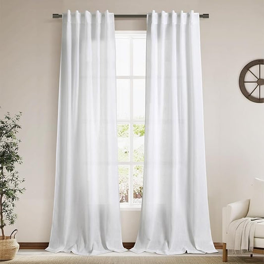 Linen White Curtains 108 Inches Long 2 Panels Set Back Tab Rod Pocket Semi Sheer Cotton Textured Light Filtering Extra Long Curtain Farmhouse High Ceiling Curtains for Living Room 9Ft 40x108