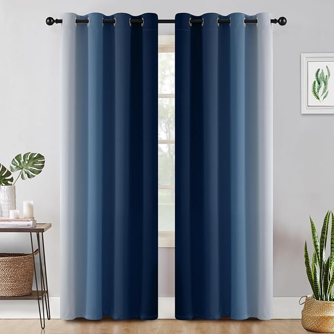 COSVIYA Blackout Curtains & Drapes Ombre Navy Curtains 90 inches Long 2 Panels, Room Darkening Light Blocking Grommet Gradient Insulated Thermal Window Curtains for Bedroom/Living Room,52x90 inches