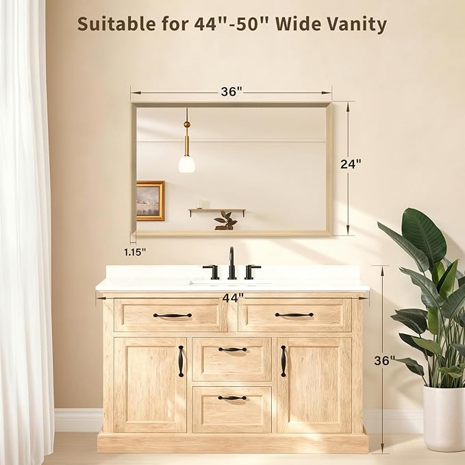 Oak Wood Effect Framed Wall Mirror, 24x36 Rectangle Mirror, Anti-desilvering Tempered Glass, Sustainable& Sturdy Frame, Farmhouse Mirror, Anti-Rust, 3min Fast Setup for Bathroom Living Room