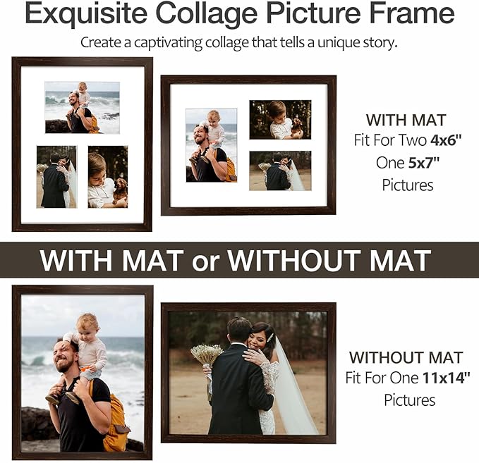 11x14 Dark Brown Wood Picture Frame - White Mat for 5x7 and 4x6 Photos - Real Glass, Sawtooth Hanger, Swivel Tabs - Wall Mounting - Great for Posters, Weddings, and Engagements