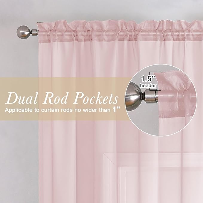 Lecloud Blush Pink Sheer Curtains 63 Inch Length 2 Panels Set, Rod Pockets Voile Bedroom Curtains for Living Room, Soft Light Filtering Window Treatments Drapes for Bathroom, Each Panel 59" W x 63" L