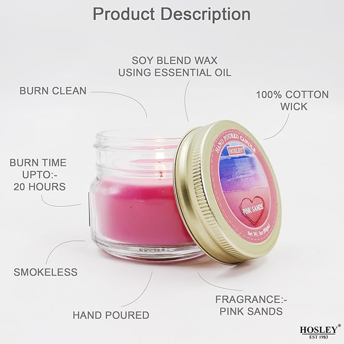 Hosley Jar Candle Pink Sunset Scented Classic 3oz Clear Glass Jar Single Wick Candle, Over Upto 20 Hours of Burn Time, Ideal for Creating Relaxing Ambience & Holiday Gifting