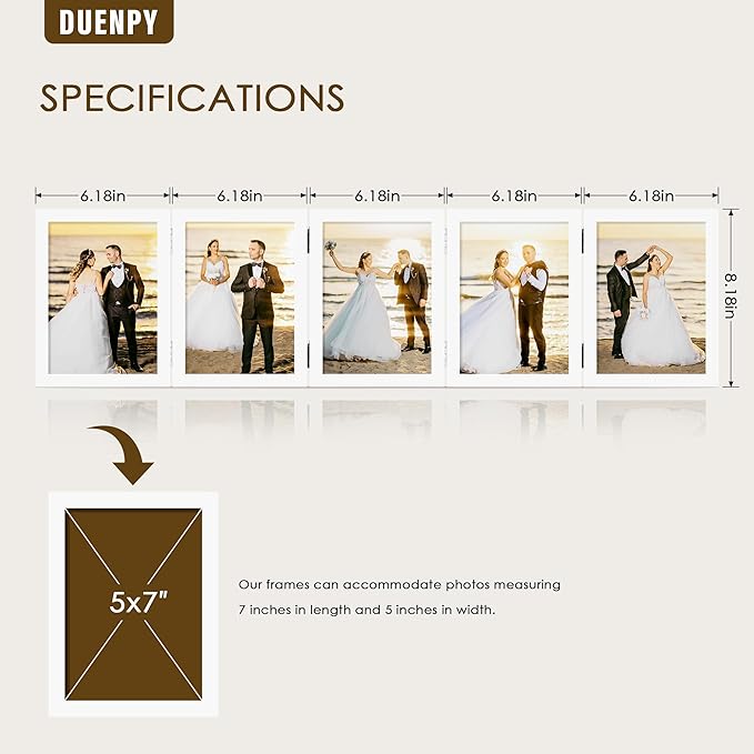 5 Folding 5x7 Picture Frame Horizontal Engineered Wood Accordion Photo Frame with Plexiglass Tabletop Bookshelf Display White