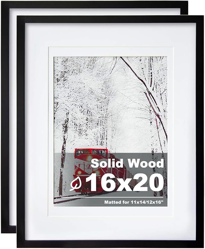 Egofine 16x20 Solid Wood Poster Frame Matted for 11x14 and 12x16 Black - Acrylic Plexiglass Front for Wall Mounting Hanging Picture Frame Vertically or Horizontally, Set of 2