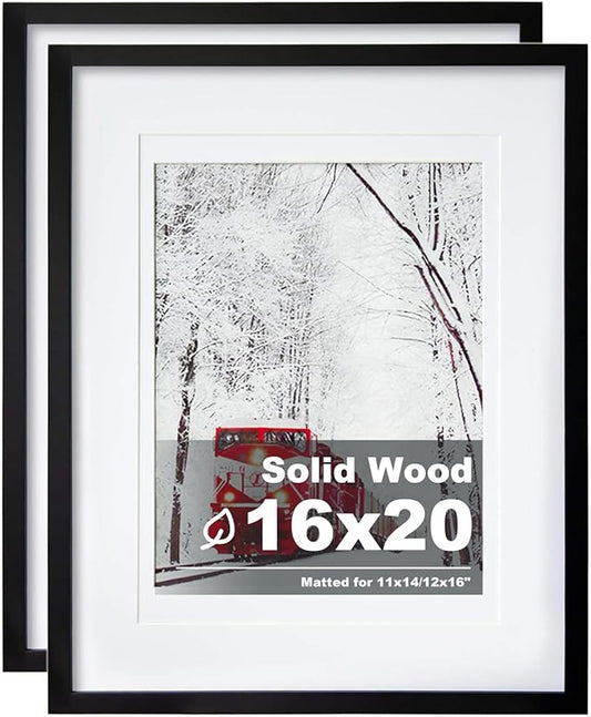 Egofine 16x20 Solid Wood Poster Frame Matted for 11x14 and 12x16 Black - Acrylic Plexiglass Front for Wall Mounting Hanging Picture Frame Vertically or Horizontally, Set of 2