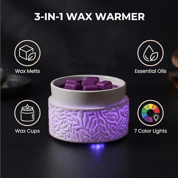 ElusiaKa Wax Melt Warmer,Electric 3-in-1 Wax Melter,Ceramic Candle Wax Warmer Burner for Scented Waxs,Candle Warmer Scent Oil Burner Home Aromatherapy-7 Color