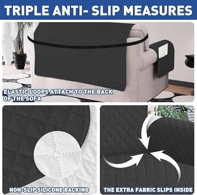 XINEAGE Loveseat Sofa Cover Waterproof Couch Covers for 2 Cushion Couch, Soft Washable Slipcover with Pockets & Non-Slip Elastic Straps, Thick Furniture Protector (Loveseat, Black)