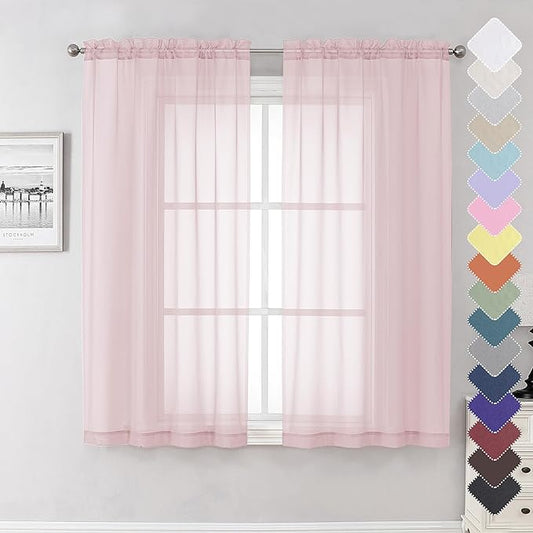 Lecloud Blush Pink Sheer Curtains 63 Inch Length 2 Panels, Light Filtering Window Voile Curtain & Drapes for Kitchen/Living Room/Children Room, Dual Rod Pocket Girls Bedroom Drape, 42x63 Inches
