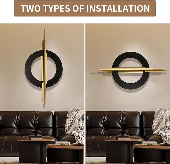 JFUJFU Large Black And Gold Metal Art 3d Wall Decor with Geometric Round & Line for Living Room & Bedroom