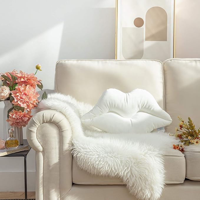 Ashler Lips Throw Pillows Smooth Soft Velvet Insert Included Cushion for Couch Bed Living Room, True White, 24 X 12 inches