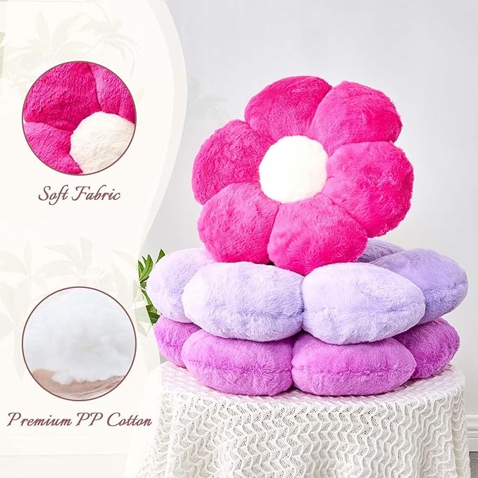 Kcvvcr Hot Pink Flower Pillow, Cute Decorative Flower Shaped Throw Pillow with Faux Rabbit Fur, 14.9" Soft Flower Plush Throw Pillow Floor Pillows Room Décor for Bedroom Living Room