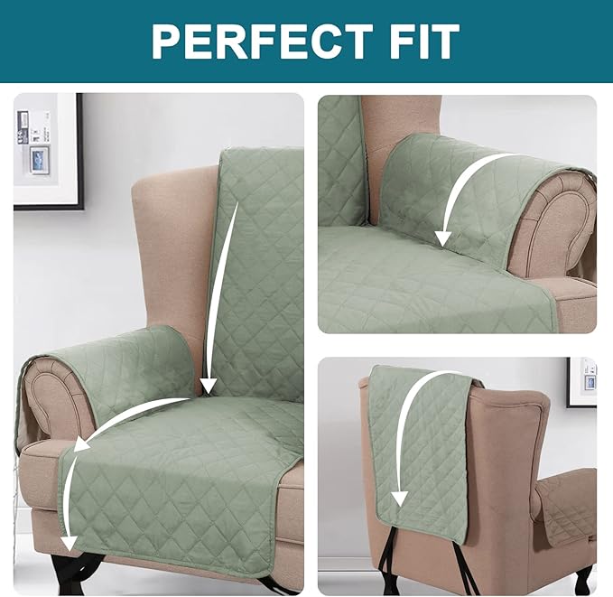 Turquoize 100% Waterproof Wing Chair Cover Wing Armchair Slipcovers Chair Couch Protector Triple Non-Slip Sofa Slipcover for Wing Chair Furniture Protector for Pets, Kids,Dog (Wing Chair, Sage)