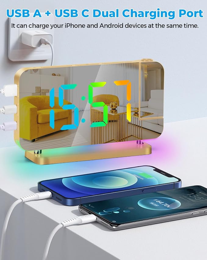 SZELAM Projection Alarm Clock, 7.4 in Digital Mirror Clocks,with 180° Rotatable Projector, RGB Night Light,USB C Charger Port, Auto Dimmer, LED Desk Clock for Bedroom - Image 6
