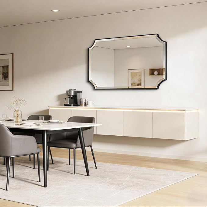 POZINO Rectangle Beveled Mirror, 24"x40" Modern Bathroom Vanity Mirror for Over Sink, Matte Black Rounded Corner Oblong Mirrors for Living Room Bedroom Entryway, Horizontal or Vertical Hanging