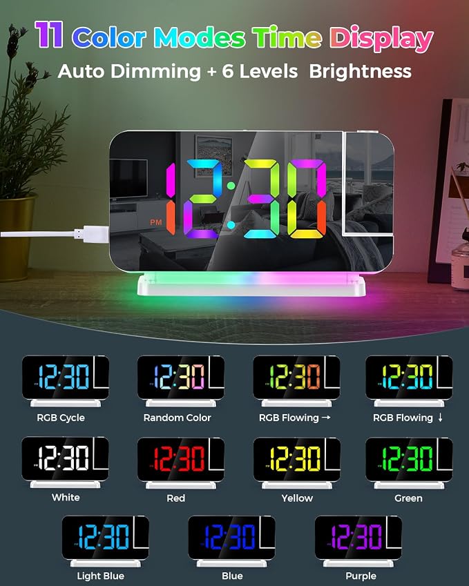 SZELAM Projection Alarm Clock,7.4" LED Mirror Digital Clocks Large Display,with 180° Rotatable Projector,RGB Night Light,USB C Port,Auto Dimming,Modern Desk Clock for Bedroom Decor - White - Image 5