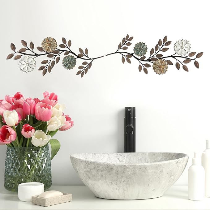MorningRo 2 Pcs Metal Flower Leaves Wall Art Spring Wall Decor Living Room, 15.75 Inch Vintage Rustic Branch Leaf Wrought Iron Scroll Art Decor for Spring Bedroom Indoor Outdoor Decorations(Brown)
