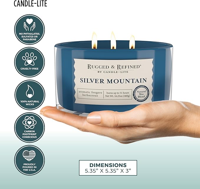 Candle-Lite Scented Candles for Men, Silver Mountain Fragrance, 16.25 oz Jar, 3-Wick, 51 Hours of Burn Time, Masculine Aromatherapy with Long Lasting Scent, Ideal Gift for Father's Day and Home Decor