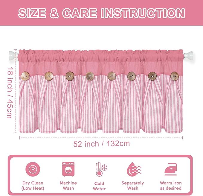 ASPMIZ Farmhouse Cotton Linen Valances for Windows, Boho Kitchen Curtains Valances with Rustic Button, Pink Striped Window Treatments Curtain Valance for Bathroom Cafe, 52 x 18 Inch, 1 Pannel