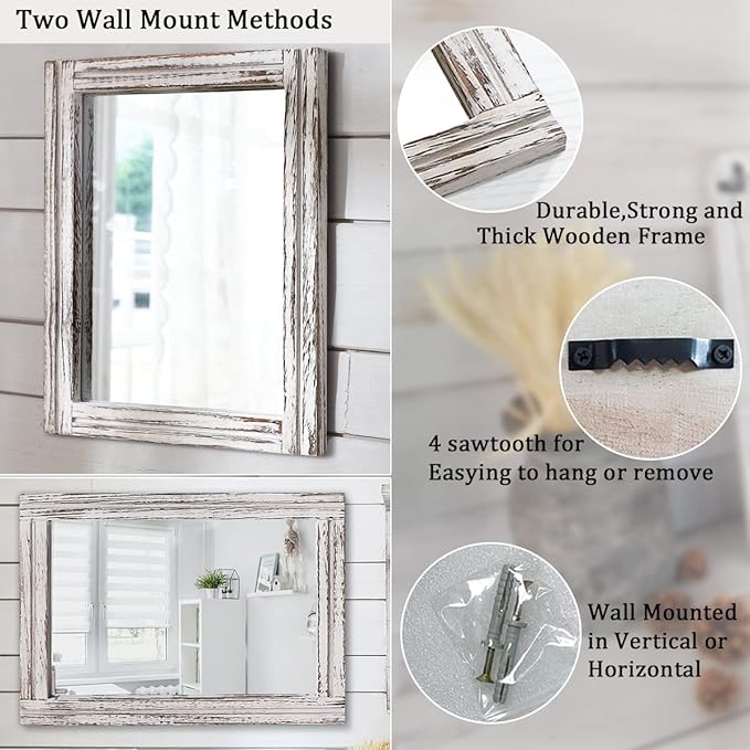 AAZZKANG Large Wall Mirrors with Rustic Wood Framed 28"x20" Rectangle Decorative Hanging Mirror for Farmhouse Bedroom Bathroom Living Room Entryway