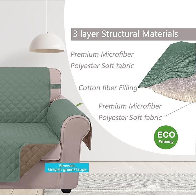 U-NICE HOME Recliner Chair Covers Reversible Quilted Water Repellent Pet Protectors with Elastic Straps (23''Recliner Small, Greyish Green/Taupe)